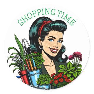 Shopping Time | Funny Retro Plant-Lovers Classic Round Sticker