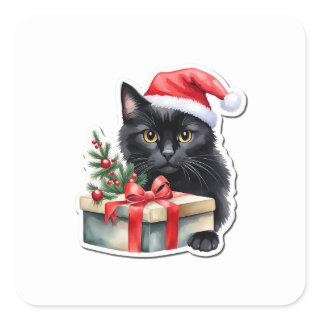 Shy Black Santa Kitten with Present  Square Sticker