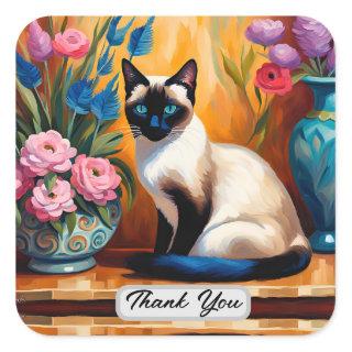 Siamese Cat And Bouquets in Vases Thank You Square Sticker