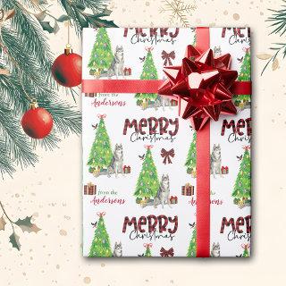 Siberian Husky Dog, Bird, and Christmas Tree