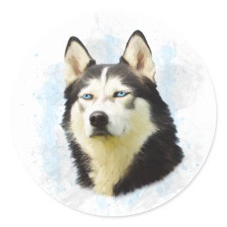 Siberian Husky Dog Water Color Art Painting Classic Round Sticker