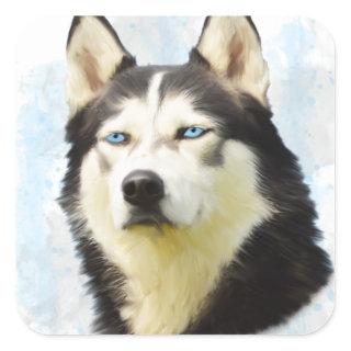Siberian Husky Dog Water Color Art Painting Square Sticker