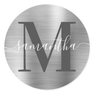 Signature Dark Grey Monogram Silver Foil Classic Round Sticker