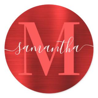 Signature Monogram Red Foil Classic Round Sticker