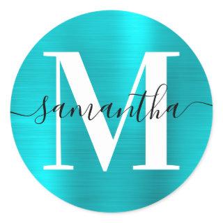 Signature Monogram Turquoise Blue Shimmer Classic Round Sticker