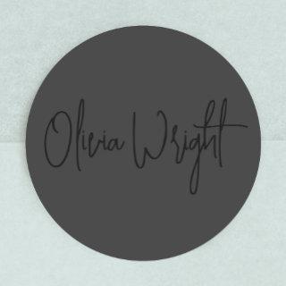 Signature Script, Professional Black on Black Classic Round Sticker