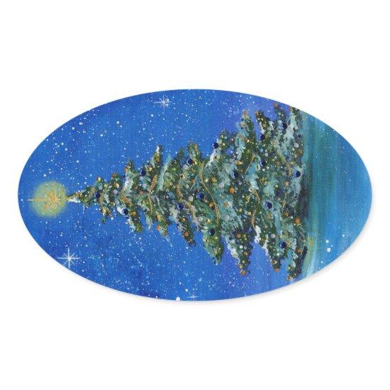 Silent night Christmas tree by Renee Lavoie  Oval Sticker