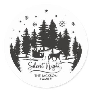 Silent night sleight snowflakes pines silhouettes classic round sticker