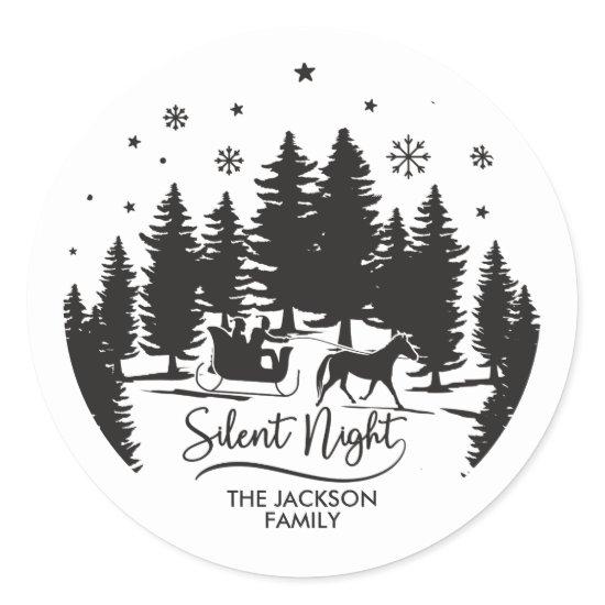 Silent night sleight snowflakes pines silhouettes classic round sticker