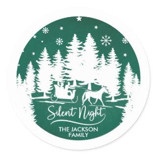 Silent night sleight snowflakes pines silhouettes classic round sticker