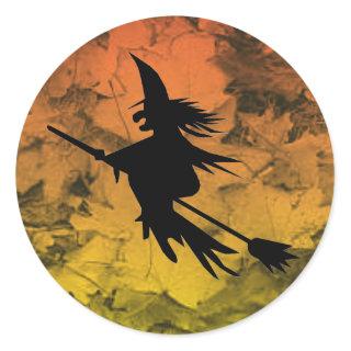 Silhouette Flying Witch Fall Leaves Halloween Classic Round Sticker