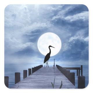 Silhouette Heron on Pier with a Full Moon Beach Square Sticker