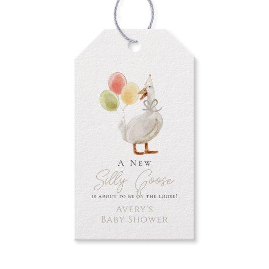 Silly Goose Greige Gingham Baby Shower Gift Tags