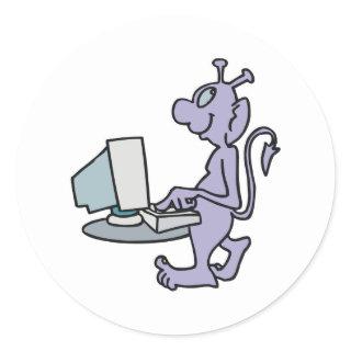silly purple computer alien monster classic round sticker
