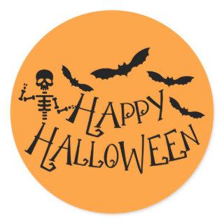 Silly Skeleton Bats Black & Orange Happy Halloween Classic Round Sticker