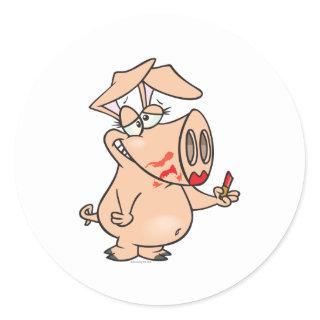 silly sloppy lipstick piggy pig cartoon classic round sticker