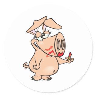 silly sloppy lipstick piggy pig cartoon classic round sticker