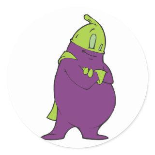 silly superhero eggplant cartoon character classic round sticker
