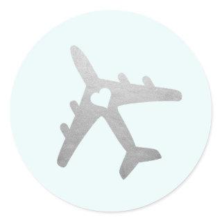 Silver Airplane with Heart Romantic Travel Theme Classic Round Sticker