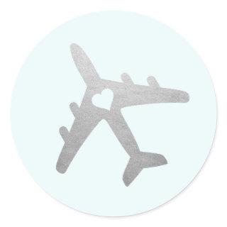 Silver Airplane with Heart Romantic Travel Theme Classic Round Sticker