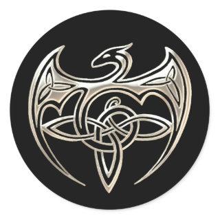Silver And Black Dragon Trine Celtic Knots Art Classic Round Sticker