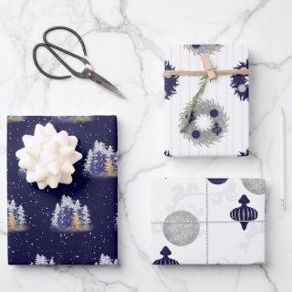 Silver and Blue Watercolor Trees and Ornaments  Sheets