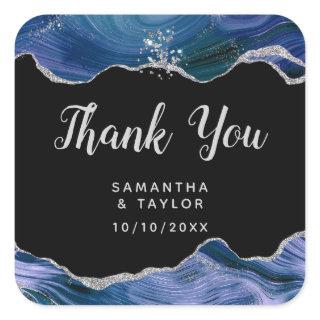 Silver and Dark Blue Agate Wedding Thank You Square Sticker