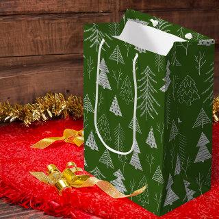 Silver and Green Christmas Tree Forest Pattern Medium Gift Bag