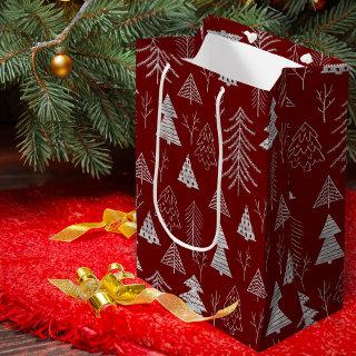 Silver and Red Christmas Tree Forest Pattern Medium Gift Bag