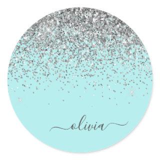 Silver Aqua Teal Blue Girly Glitter Monogram Classic Round Sticker