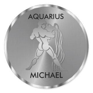 Silver Aquarius ♒ the Water Bearer - Zodiac Sign Classic Round Sticker