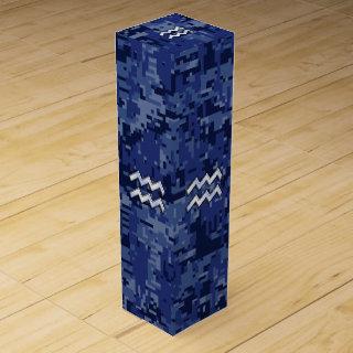 Silver Aquarius Zodiac Sign Navy Blue Digital Camo Wine Box