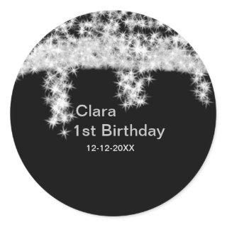 Silver black glitter add name birthday date year t classic round sticker