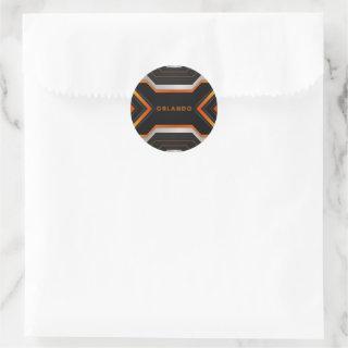 Silver. black, orange geometric gaming  monogram classic round sticker