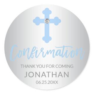 Silver Blue Cross CONFIRMATION Boy Thank You Classic Round Sticker