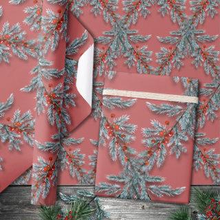 Silver Blue Spruce Red Berries Lattice Pink Red
