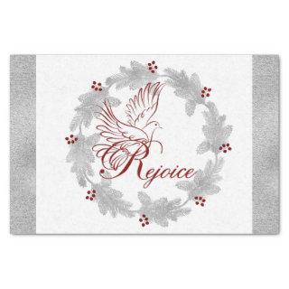 Silver Borders with Pine Wreath and Red Rejoice Tissue Paper