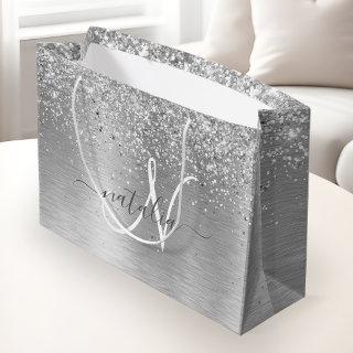 Silver Brushed Metal Glitter Monogram Name Large Gift Bag