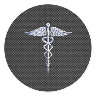 Silver Caduceus Medical Symbol Carbon Fiber Style Classic Round Sticker