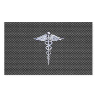 Silver Caduceus Medical Symbol Carbon Fiber Style Rectangular Sticker