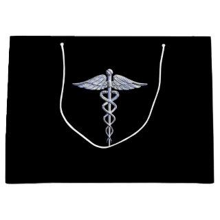 Silver Caduceus Medical Symbol on Black Large Gift Bag