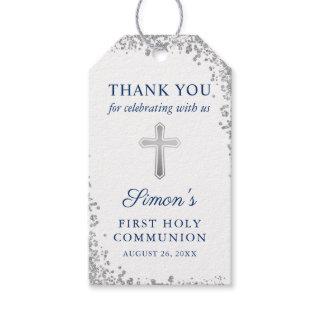 Silver Cross Glitter Navy Blue First Communion Gift Tags