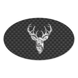 Silver Deer Face on Carbon Fiber Style Print Oval Sticker