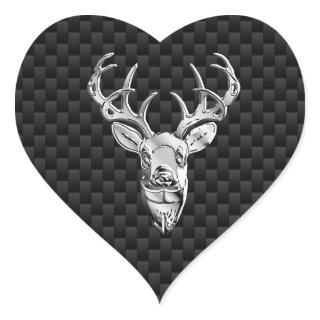 Silver Deer on Black Carbon Fiber Style Print Heart Sticker