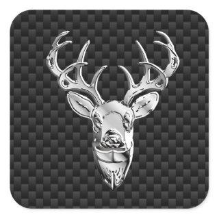 Silver Deer on Black Carbon Fiber Style Print Square Sticker