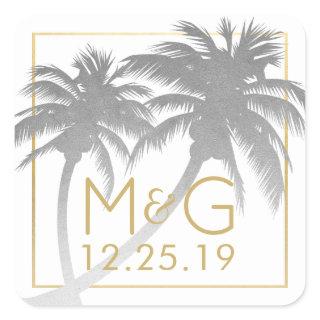 Silver Faux Foil Palm Tree Wedding Monogram Square Sticker