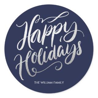 Silver Foil Calligraphic Happy Holidays Custom Classic Round Sticker