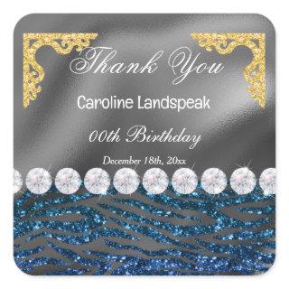 Silver Foil Dark Blue Glitter Zebra Print Birthday Square Sticker