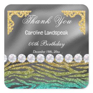 Silver Foil, Teal Glitter Zebra Print Birthday Square Sticker