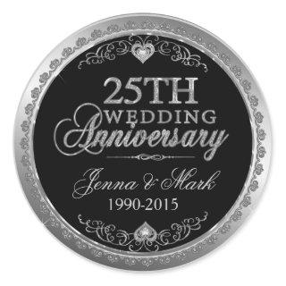 Silver Frame & Hearts 25th Wedding Anniversary Classic Round Sticker